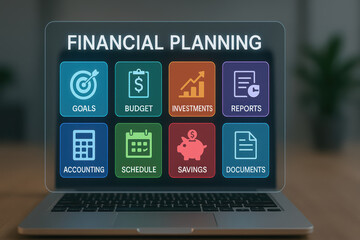 Financial planning goals budget investments reports accounting schedule savings documents concept on laptop screen with blurred background