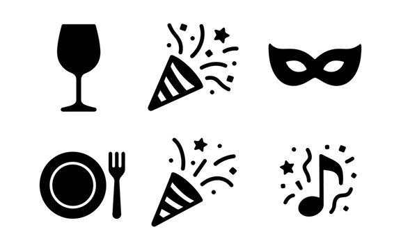 Celebration icons: party hat, mask, music note, wine glass, plate and fork in black silhouette style