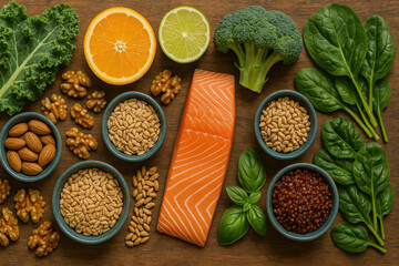 Healthy food ingredients with fresh salmon, nuts, seeds, citrus fruits, leafy greens, and broccoli arranged on wooden surface for nutritious meal preparation