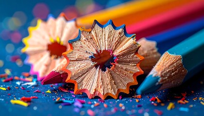 Close-up of colorful pencil shavings on a dark blue surface