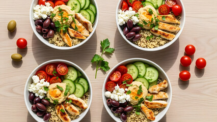 Overhead Flat Lay of Mediterranean Chicken and Quinoa Lunch Bowls