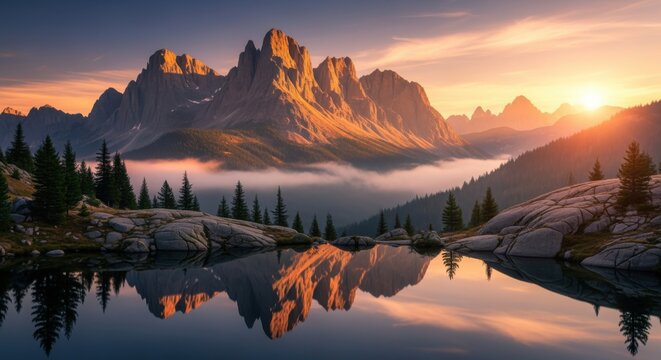 A tranquil alpine lake perfectly mirrors the majestic, sun-kissed mountain range during a spectacular golden hour sunrise