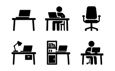 Fototapeta premium Silhouette office setup: work desk, chair, lamp, and laptop