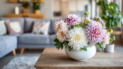 Freshly cut dahlias arranged in a white ceramic vase adorn a wooden coffee table in a bright living room setting. © shobakhul