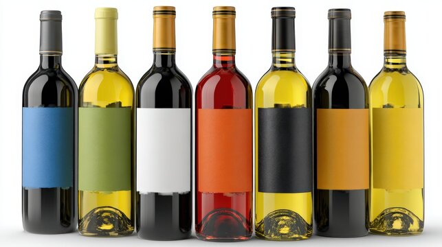 Row of seven assorted beverage containers featuring various colored liquids and blank labels stands against a white background