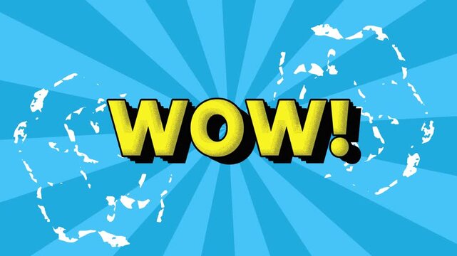 wow word text Cartoon reveal Bomb and Smoke popup Style with manga anime Comic book abstract colorful radial speed lines doodle sky blue background with rays Seamless loop animation, retro popup art