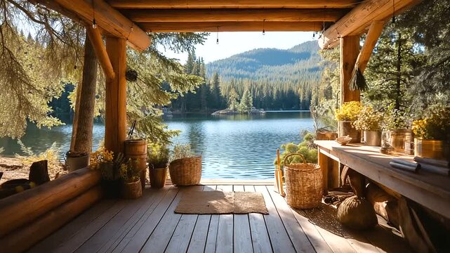 Mountain cabin porch, angler cleaning gear by lake, stringer with fish visible, pine scent atmosphere, peaceful retreat, with copy space