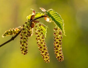 Naklejka premium Close-up of delicate catkins hanging from a twig with green foliage