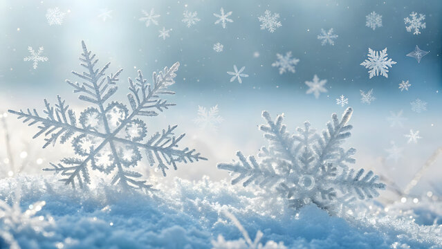 Snow-covered fir branches with blue snowflakes create a festive winter holiday frame background