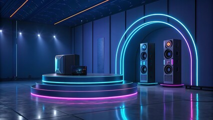 Blue color illustration of a glass of wine and a bottle in a bar interior design with light and metal elements