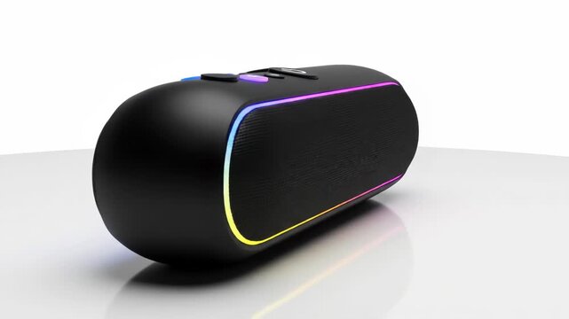 Modern black portable bluetooth speaker with glowing neon light strip and illuminated control button isolated on white background