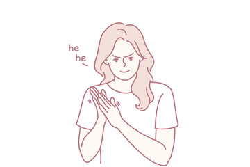 woman giggling with hands clasped, amused expression and casual tee, reading flattering message and reacting with playful charm in soft pink line illustration, friendly vibe and relatable