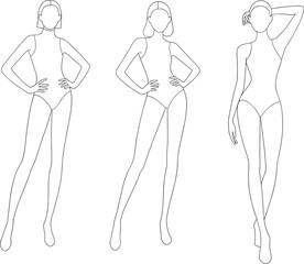 Set of Three Female Model Croquis for Fashion Design, Template Outlines with Different Poses, Stylish and Proportionate Figure for Garment Sketching, Technical Drawing, and Textile Projects