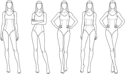 Collection of Five Female Model Croquis Templates for Fashion Design, Different Poses Outline Set, Proportionate Figure for Technical Apparel Sketching, Body Template Vector Illustration, Minimal Art