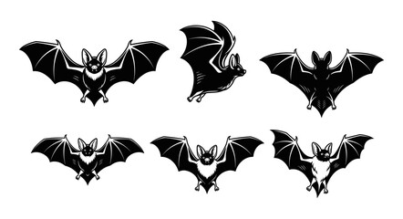 Set of six black bat silhouettes in various flying poses.