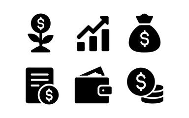 Flat finance icons set: money, growth, and investment symbols for business use
