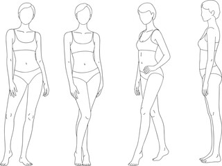 Minimalist Croquis Template Set: Front, Side, and Three-Quarter Views of Female Figure for Fashion Design Technical Flats