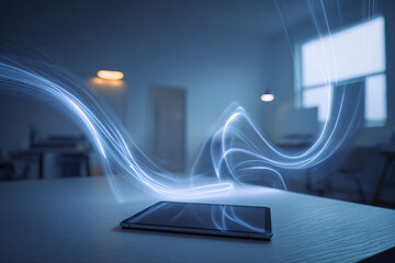 Creative Workspace with Glowing AI Light Trails
