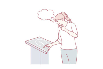 Woman looking at information board thinking. Girl consult info table in administration building. Client service concept. Vector illustration.