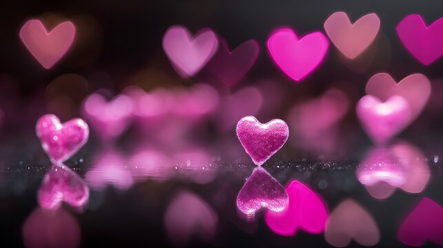 Sparkling Pink Heart Glitter Reflection Romantic Valentines Day Bokeh Background