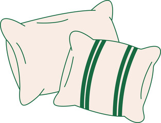 Decorative Pillow Vector Illustration Set: Home Interior, Fabric, Green Striped and Abstract Patterns for House Design, Hotel, and Cozy Sleep Comfort Graphics