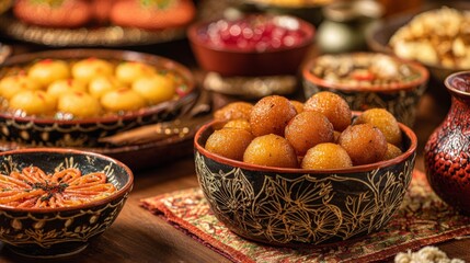 Assorted Indian Sweet Treats Displayed in Traditional Bowls on a Wooden Table for Festive Celebrations and Cultural Gatherings