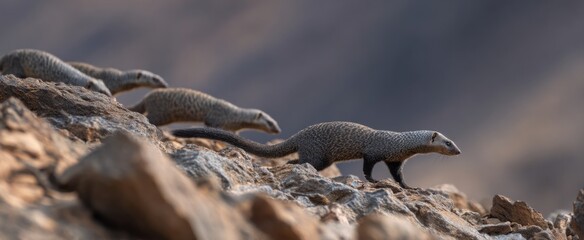 Mongoose mob driven by fierce urgency hunts the snake over jagged rocky terrain