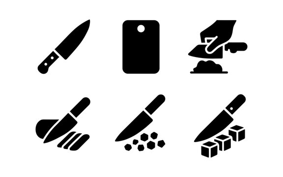 Kitchen knife and cutting board icons: essential tools silhouette set