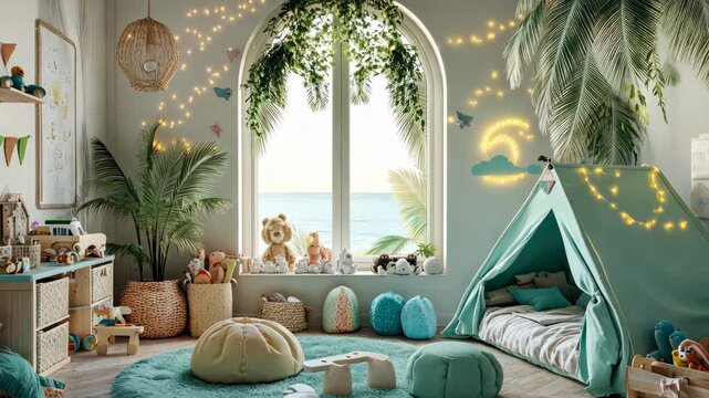Beautiful children's room with a teepee. Selective focus. dizain.