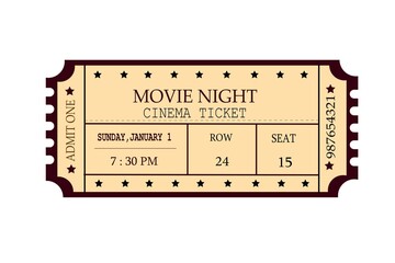 Vintage cinema ticket design featuring classic movie night layout with event details, stars, perforated edges, bold typography, and retro color palette ideal for entertainment