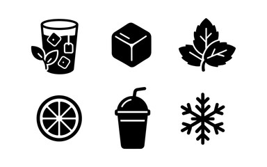 Obraz premium Silhouette icons: refreshing iced tea, leaf, ice cube, citrus, snowflake, beverage