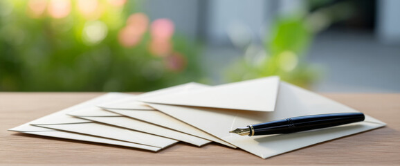 A fountain pen sits on top of a pile of white envelopes, ready to be addressed and mailed out