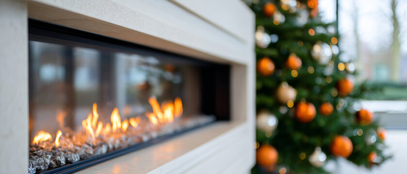 A close up of a fireplace with orange flames and blurry lights in the background from a Christmas tree