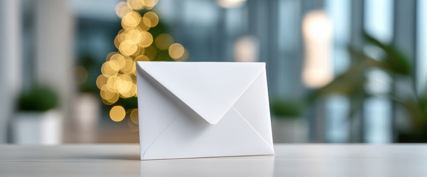 A white envelope is on a table with bokeh lights in the background