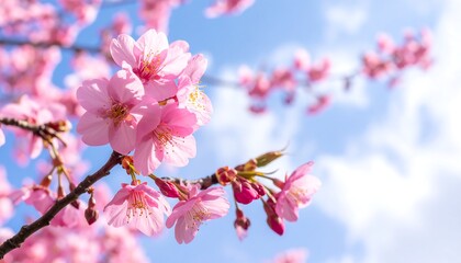 Close-up of delicate pink blossoms on branches against a soft blue sky with fluffy white clouds, capturing springtime beauty