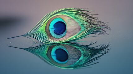 peacock. A close-up of a peacock feather against a mirrored surface with iridescent blue-green tones. wildlife magazines, conservation campaigns, designed for wildlife conservation campaigns.