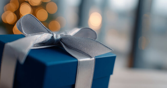 A blue gift box with a silver bow on top is shown in front of blurry lights - Powered by Adobe