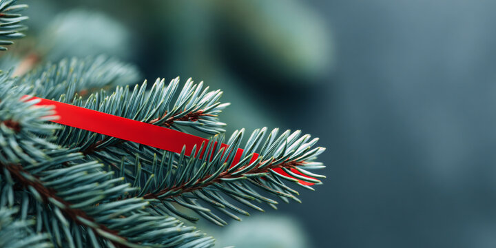 A close-up of a pine tree branch with red ribbon on it, likely used for decoration during the holiday season. The background is blurred and out-of-focus to emphasize the foreground elements