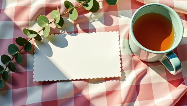 Cozy Gift Certificate Template: Tea Cup, Perforated Card and Greenery on Soft Blanket