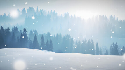 Dreamy winter landscape with snow falling gently on the frosted forest, serene nature scene perfect for holiday cards and seasonal marketing, peaceful aesthetic