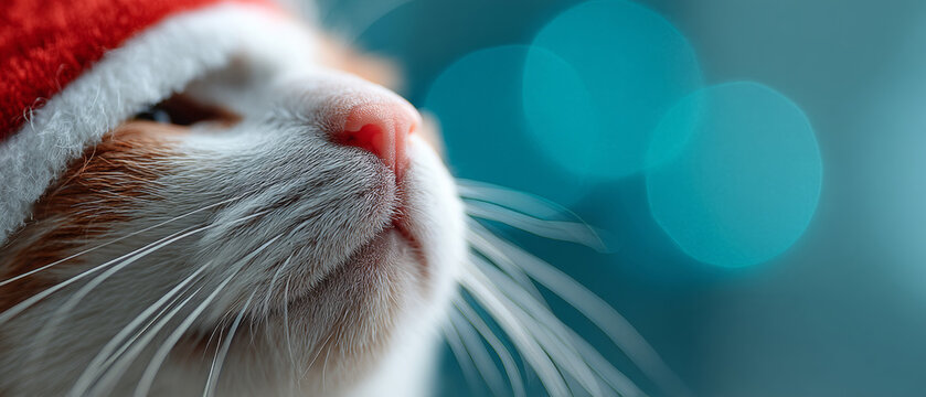 A cat wearing a Santa hat looking up with blue bokeh lights in the background
