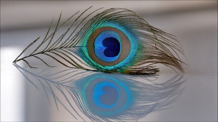 Obraz premium peacock. A close-up of a peacock feather against a mirrored surface with iridescent blue-green tones. wildlife magazines, conservation campaigns, designed for wildlife conservation campaigns.