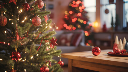Festive Christmas tree adorned with sparkling red ornaments and twinkling lights, creating a warm and inviting holiday atmosphere in a cozy living room