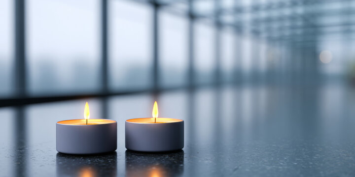 Two lit candles on a table in an empty room with large , the focus is on the candle closest to us and it's out of focus as you move further away from them