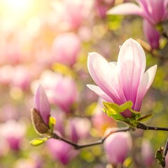 Obraz premium Close-up of delicate pink blossoms, radiant sunlight illuminating a branch filled with numerous springtime flowers