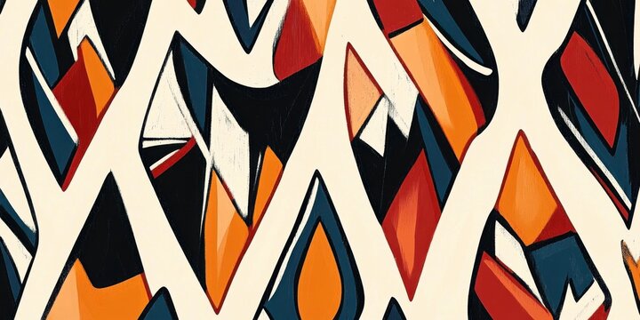 Abstract geometric pattern with bold lines and blocks of orange blue black on cream background creating modern expressive design.