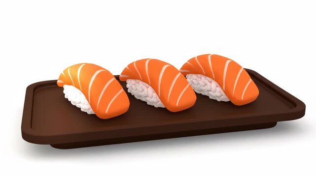 Three pieces of delicious salmon nigiri sushi served on a dark brown rectangular plate isolated on white background