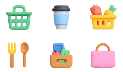 Eco-Friendly Shopping Essentials in 3D Soft Minimalistic Illustrations on Transparent Background