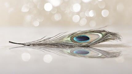 peacock. A close-up of a peacock feather against a mirrored surface with iridescent blue-green tones. wildlife magazines, conservation campaigns, designed for wildlife conservation campaigns.