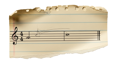 Torn Music Sheet Fragment on Lined Paper with Treble Clef and Musical Notes